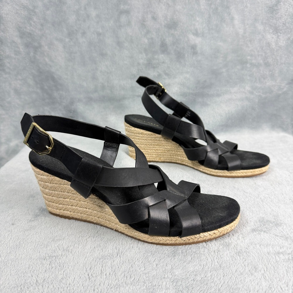 Cole Haan Womens 8.5 Black Leather Espadrille Wedge Sandals W23573 Quiet Luxury